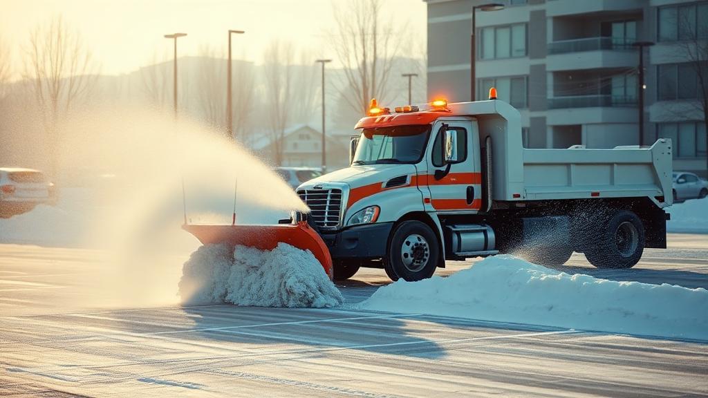 Commercial snow plow clearing a parking lot on the South Shore MA